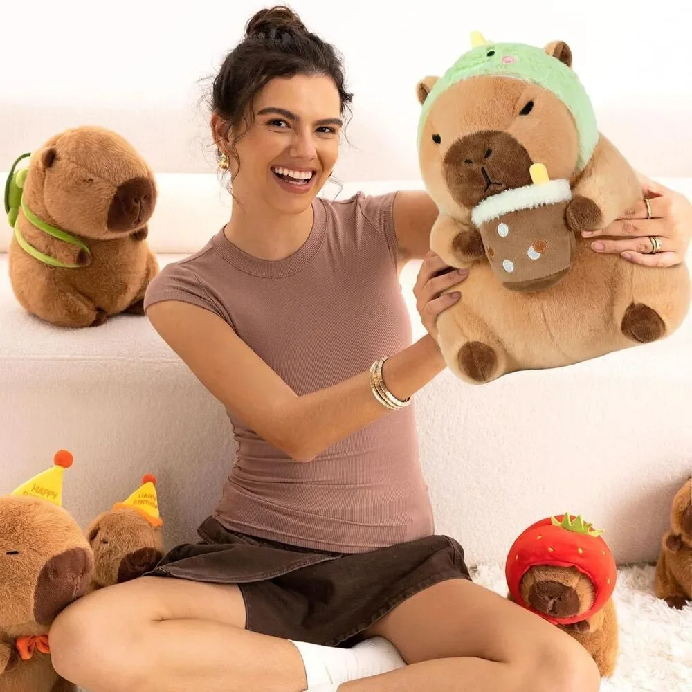 13.7 inch Ditucu Capybara Plush Drinking Milk Tea With Wearable Toast Headgear